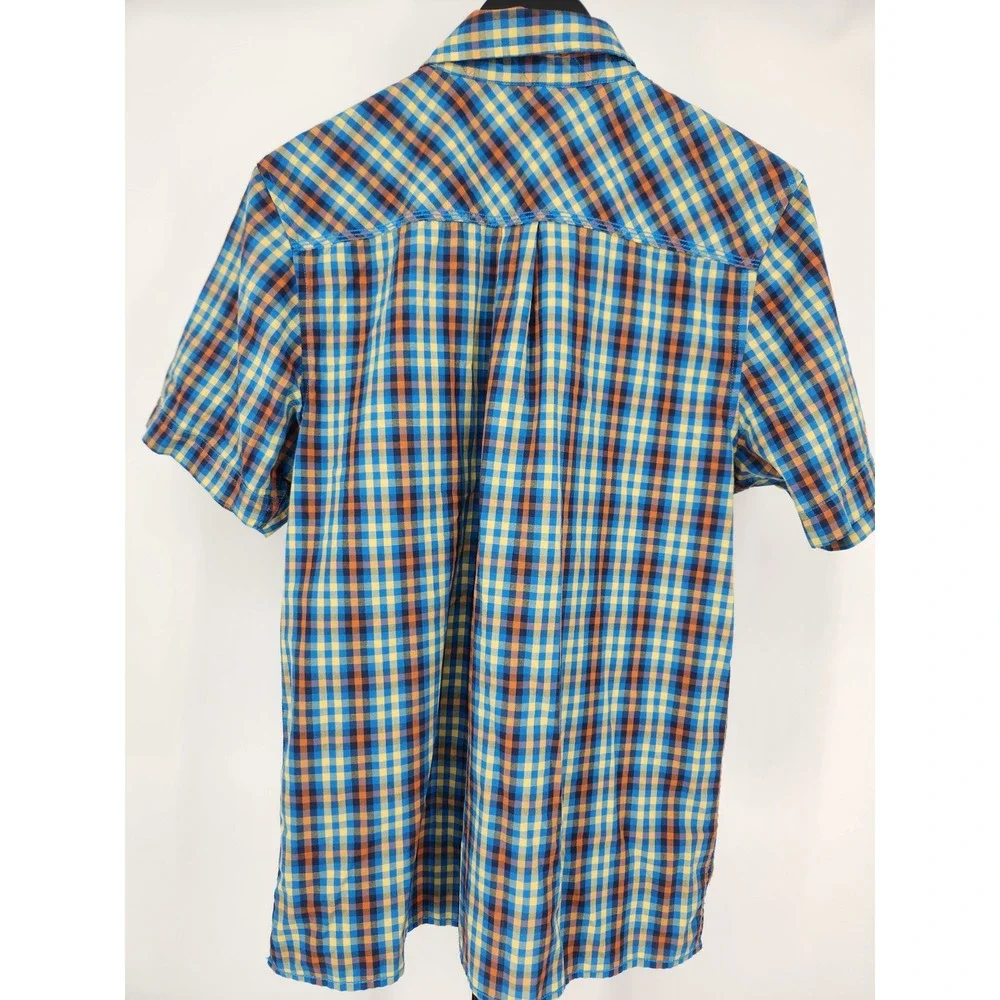 The North Face Mens Plaid Short Sleeve Button Up Shirt Blue Yellow CEY4 Medium